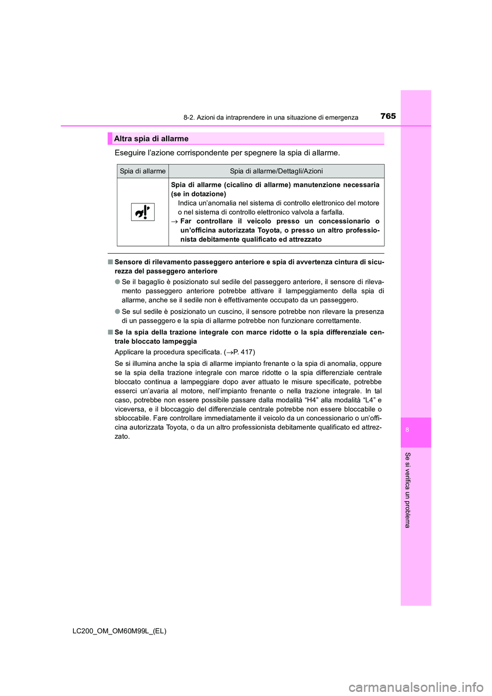 TOYOTA LAND CRUISER 2016 Manuale duso (in Italian) 7658-2. Azioni da intraprendere in una situazione di emergenza
LC200_OM_OM60M99L_(EL)
8
Se si verifica un problema
Eseguire l’azione corrispondente per spegnere la spia di allarme.
■Sensore di ril TOYOTA LAND CRUISER 2016 Manuale duso (in Italian) 7658-2. Azioni da intraprendere in una situazione di emergenza
LC200_OM_OM60M99L_(EL)
8
Se si verifica un problema
Eseguire l’azione corrispondente per spegnere la spia di allarme.
■Sensore di ril