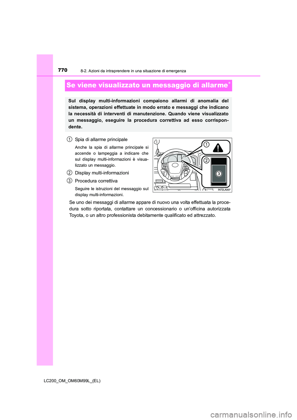TOYOTA LAND CRUISER 2016 Manuale duso (in Italian) 7708-2. Azioni da intraprendere in una situazione di emergenza
LC200_OM_OM60M99L_(EL)
Se viene visualizzato un messaggio di allar me∗
Spia di allarme principale
Anche la spia di allarme principale s TOYOTA LAND CRUISER 2016 Manuale duso (in Italian) 7708-2. Azioni da intraprendere in una situazione di emergenza
LC200_OM_OM60M99L_(EL)
Se viene visualizzato un messaggio di allar me∗
Spia di allarme principale
Anche la spia di allarme principale s