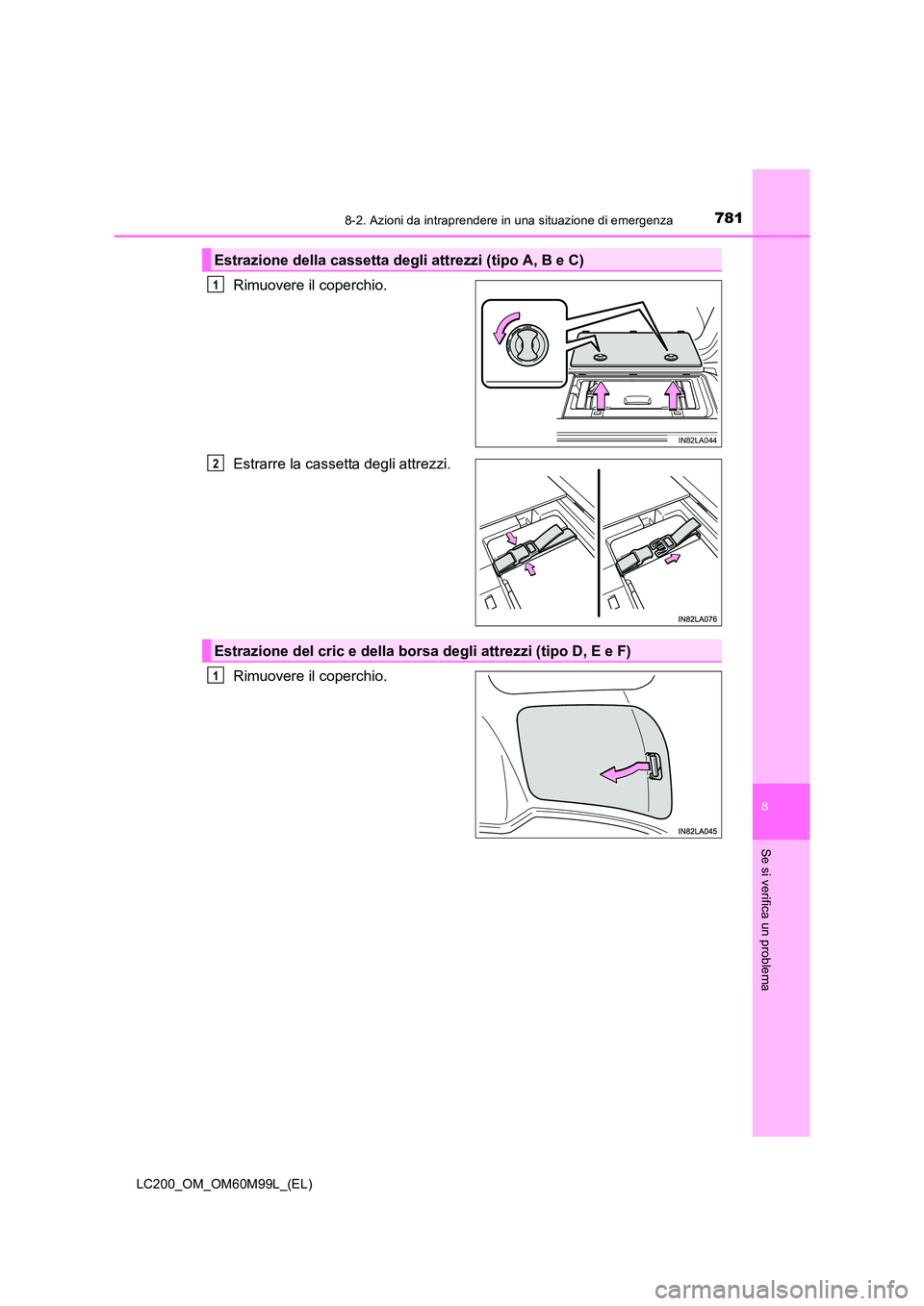 TOYOTA LAND CRUISER 2016  Manuale duso (in Italian) 7818-2. Azioni da intraprendere in una situazione di emergenza
LC200_OM_OM60M99L_(EL)
8
Se si verifica un problema
Rimuovere il coperchio.
Estrarre la cassetta degli attrezzi.
Rimuovere il coperchio.
