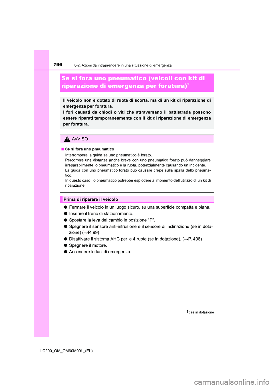 TOYOTA LAND CRUISER 2016  Manuale duso (in Italian) 7968-2. Azioni da intraprendere in una situazione di emergenza
LC200_OM_OM60M99L_(EL)
Se si fora uno pneumatico (veicoli con kit di 
riparazione di emergenza per foratura)
∗
●Fermare il veicolo in