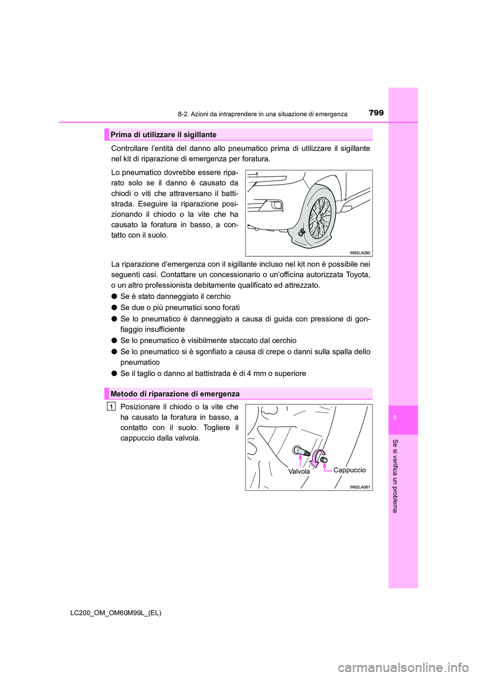 TOYOTA LAND CRUISER 2016  Manuale duso (in Italian) 7998-2. Azioni da intraprendere in una situazione di emergenza
LC200_OM_OM60M99L_(EL)
8
Se si verifica un problema
Controllare l’entità del danno allo pneumatico prima di utilizzare il sigillante
n