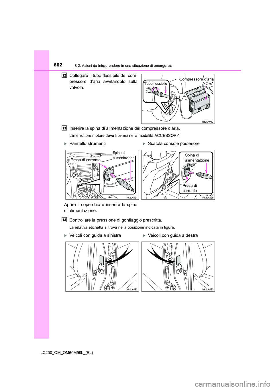 TOYOTA LAND CRUISER 2016 Manuale duso (in Italian) 8028-2. Azioni da intraprendere in una situazione di emergenza
LC200_OM_OM60M99L_(EL)
Collegare il tubo flessibile del com-
pressore d’aria avvitandolo sulla
valvola.
Inserire la spina di alimentazi TOYOTA LAND CRUISER 2016 Manuale duso (in Italian) 8028-2. Azioni da intraprendere in una situazione di emergenza
LC200_OM_OM60M99L_(EL)
Collegare il tubo flessibile del com-
pressore d’aria avvitandolo sulla
valvola.
Inserire la spina di alimentazi