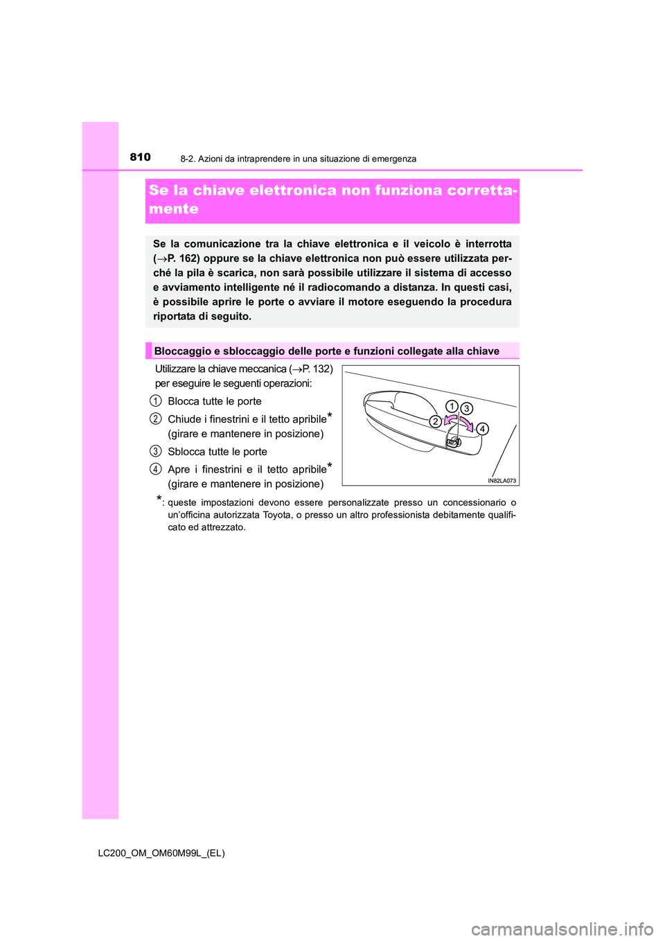 TOYOTA LAND CRUISER 2016 Manuale duso (in Italian) 8108-2. Azioni da intraprendere in una situazione di emergenza
LC200_OM_OM60M99L_(EL)
Se la chiave elettronica non funziona corretta-
mente
Utilizzare la chiave meccanica (→P. 132)
per eseguire le s TOYOTA LAND CRUISER 2016 Manuale duso (in Italian) 8108-2. Azioni da intraprendere in una situazione di emergenza
LC200_OM_OM60M99L_(EL)
Se la chiave elettronica non funziona corretta-
mente
Utilizzare la chiave meccanica (→P. 132)
per eseguire le s