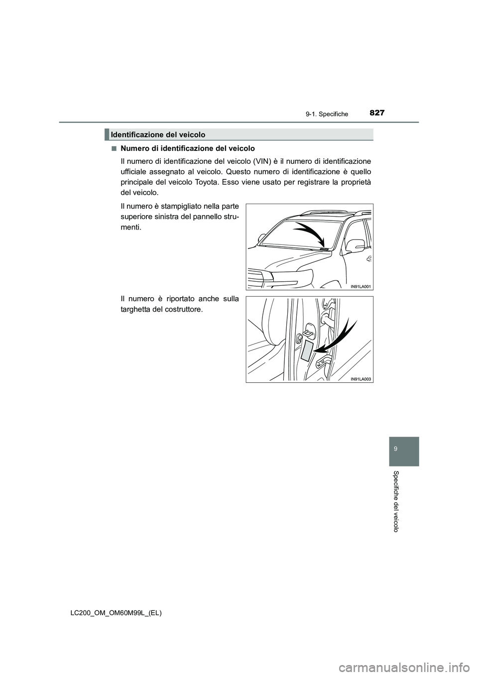 TOYOTA LAND CRUISER 2016  Manuale duso (in Italian) 8279-1. Specifiche
LC200_OM_OM60M99L_(EL)
9
Specifiche del veicolo
■Numero di identificazione del veicolo
Il numero di identificazione del veicolo (VIN) è il numero di identificazione
ufficiale ass