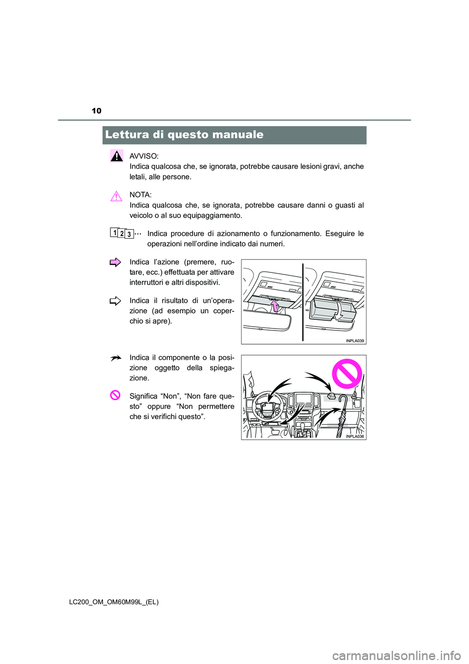 TOYOTA LAND CRUISER 2016  Manuale duso (in Italian) 10
LC200_OM_OM60M99L_(EL)
Lettura di questo manuale
AVVISO: 
Indica qualcosa che, se ignorata, potrebbe causare lesioni gravi, anche
letali, alle persone.
NOTA: 
Indica qualcosa che, se ignorata, potr