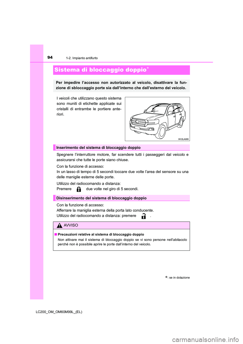 TOYOTA LAND CRUISER 2016 Manuale duso (in Italian) 941-2. Impianto antifurto
LC200_OM_OM60M99L_(EL)
Sistema di bloccaggio doppio∗
I veicoli che utilizzano questo sistema
sono muniti di etichette applicate sui
cristalli di entrambe le portiere ante-
TOYOTA LAND CRUISER 2016 Manuale duso (in Italian) 941-2. Impianto antifurto
LC200_OM_OM60M99L_(EL)
Sistema di bloccaggio doppio∗
I veicoli che utilizzano questo sistema
sono muniti di etichette applicate sui
cristalli di entrambe le portiere ante-