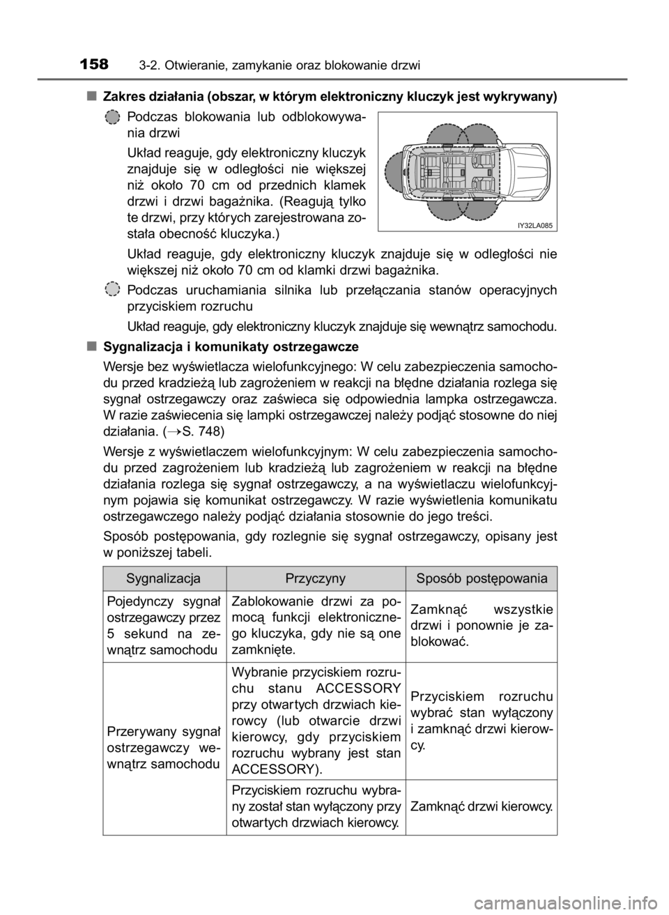 TOYOTA LAND CRUISER 2015  Instrukcja obsługi (in Polish) Zakres dzia∏ania (obszar, w którym elektroniczny kluczyk jest wykrywany)
Podczas  blokowania  lub  odblokowywa-
nia drzwi
Uk∏ad reaguje, gdy elektroniczny kluczyk
znajduje  si´  w odleg∏oÊci 