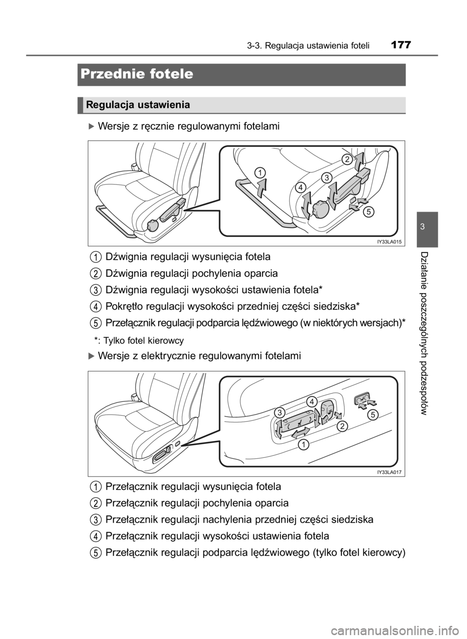TOYOTA LAND CRUISER 2015  Instrukcja obsługi (in Polish) óWersje z r´cznie regulowanymi fotelami
Dêwignia regulacji wysuni´cia fotela
Dêwignia regulacji pochylenia oparcia
Dêwignia regulacji wysokoÊci ustawienia fotela*
Pokr´t∏o regulacji wysokoÊ