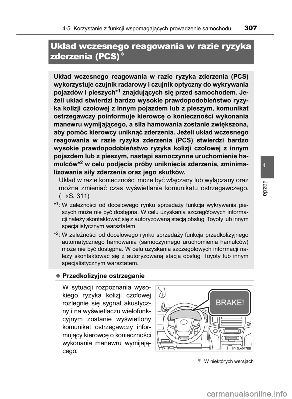 TOYOTA LAND CRUISER 2015  Instrukcja obsługi (in Polish) Przedkolizyjne ostrzeganie
W sytuacji  rozpoznania  wyso-
kiego  ryzyka  kolizji  czo∏owej
rozlegnie  si´  sygna∏  akustycz-
ny i na wyÊwietlaczu wielofunk-
cyjnym  zostanie  wyÊwietlony
komun