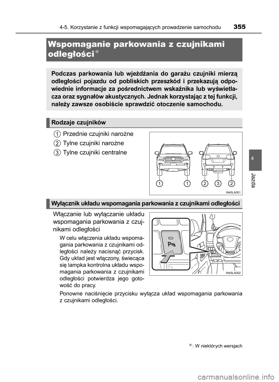 TOYOTA LAND CRUISER 2015  Instrukcja obsługi (in Polish) Przednie czujniki naro˝ne
Tylne czujniki naro˝ne
Tylne czujniki centralne
W∏àczanie  lub  wy∏àczanie  uk∏adu
wspomagania  parkowania  z czuj-
nikami odleg∏oÊci
W celu w∏àczenia uk∏ad