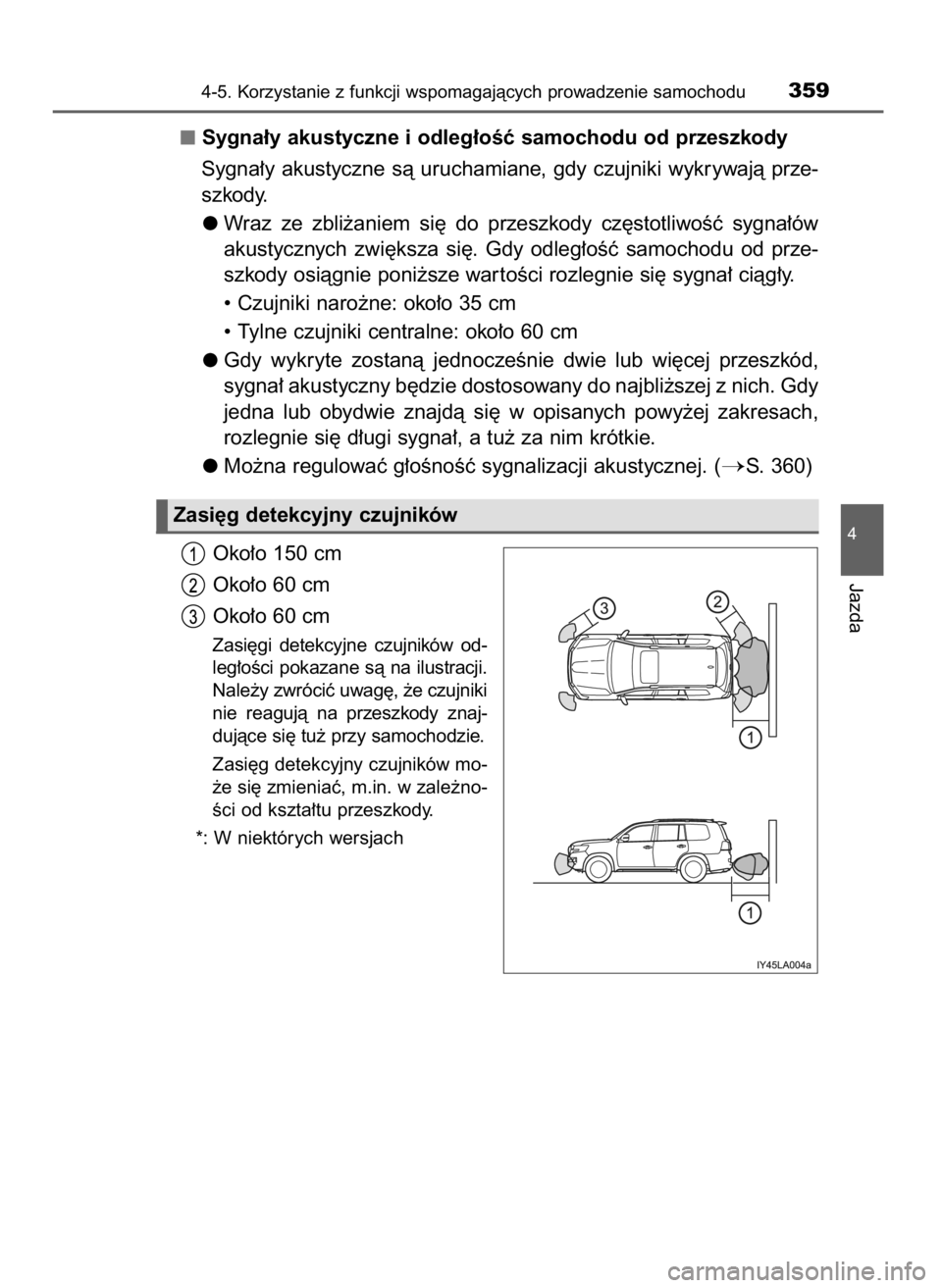 TOYOTA LAND CRUISER 2015  Instrukcja obsługi (in Polish) Sygna∏y akustyczne i odleg∏oÊç samochodu od przeszkody
Sygna∏y akustyczne sà uruchamiane, gdy czujniki wykrywajà prze-
szkody.
Wraz  ze  zbli˝aniem  si´  do  przeszkody  cz´stotliwoÊç  