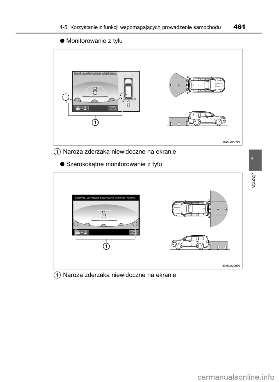 TOYOTA LAND CRUISER 2015  Instrukcja obsługi (in Polish) Monitorowanie z ty∏u
Naro˝a zderzaka niewidoczne na ekranie
Szerokokàtne monitorowanie z ty∏u
Naro˝a zderzaka niewidoczne na ekranie
4-5. Korzystanie z funkcji wspomagajàcych prowadzenie samoc
