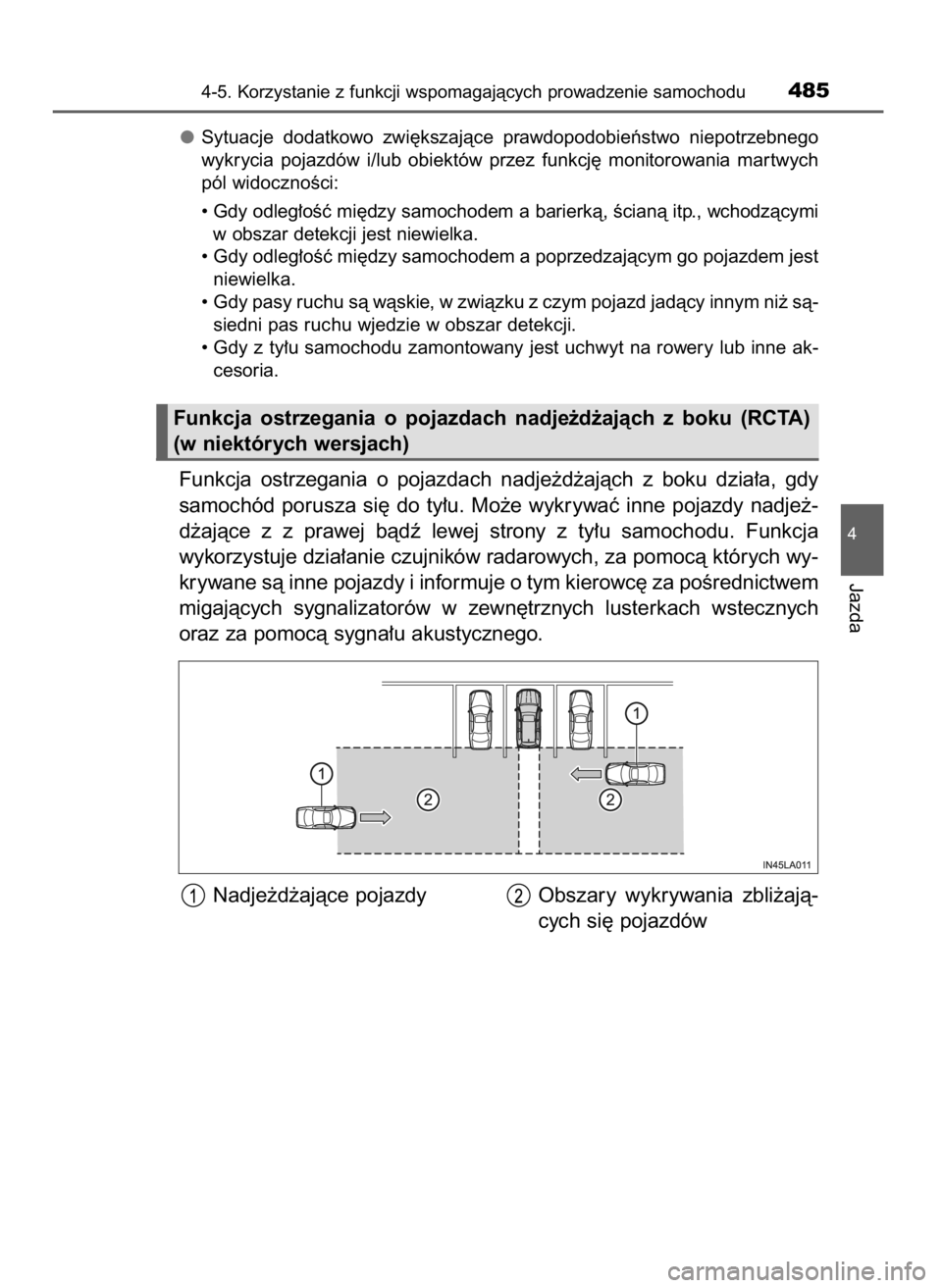 TOYOTA LAND CRUISER 2015  Instrukcja obsługi (in Polish) Sytuacje  dodatkowo  zwi´kszajàce  prawdopodobieƒstwo  niepotrzebnego
wykrycia  pojazdów  i/lub  obiektów  przez  funkcj´  monitorowania  mar twych
pól widocznoÊci:
• Gdy odleg∏oÊç mi´d