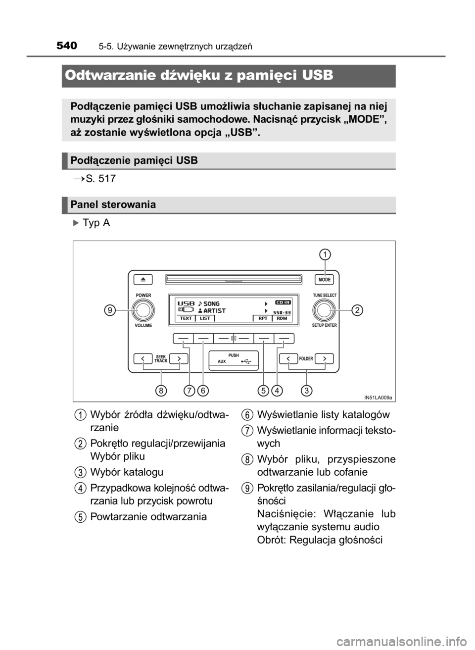 TOYOTA LAND CRUISER 2015  Instrukcja obsługi (in Polish) S. 517
óTyp A
5405-5. U˝ywanie zewn´trznych urzàdzeƒ
Odtwarzanie dêwi´ku zpami´ci USB
Pod∏àczenie pami´ci USB umo˝liwia s∏uchanie zapisanej na niej
muzyki przez g∏oÊniki samochodowe