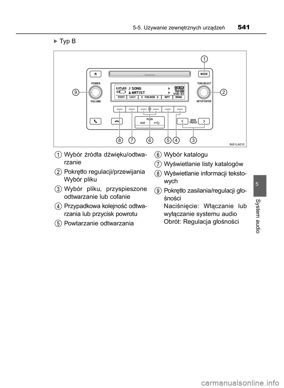 TOYOTA LAND CRUISER 2015  Instrukcja obsługi (in Polish) óTyp B
5-5. U˝ywanie zewn´trznych urzàdzeƒ541
5
System audio
Wybór  êród∏a  dêwi´ku/odtwa-
rzanie
Pokr´t∏o regulacji/przewijania
Wybór pliku
Wybór  pliku,  przyspieszone
odtwarzanie l