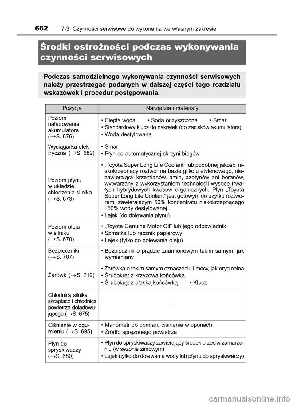 TOYOTA LAND CRUISER 2015  Instrukcja obsługi (in Polish) 6627-3. CzynnoÊci serwisowe do wykonania we w∏asnym zakresie
Ârodki ostro˝noÊci podczas wykonywania
czynnoÊci serwisowych
Podczas  samodzielnego  wykonywania  czynnoÊci  serwisowych
nale˝y  p