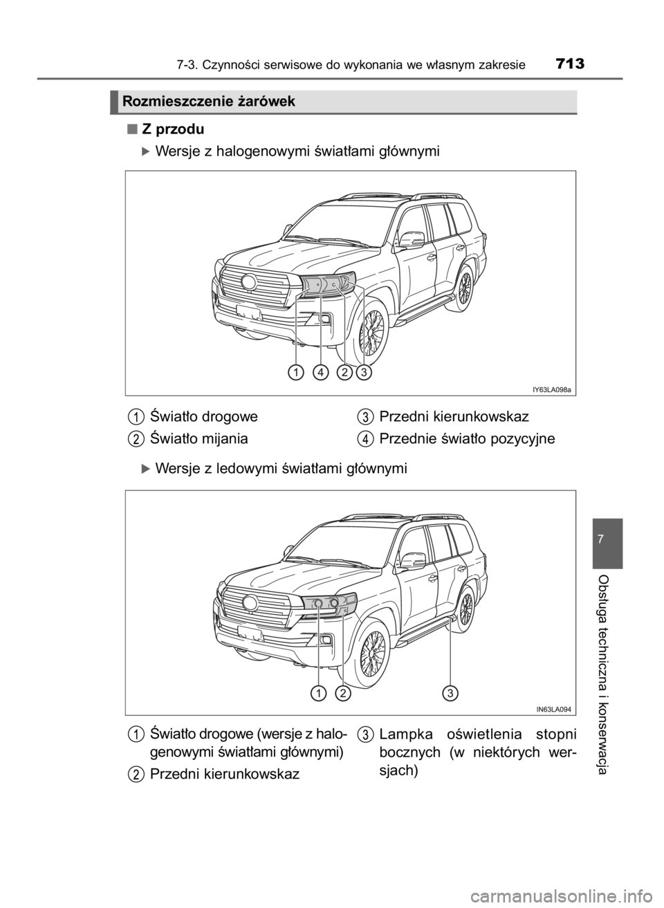 TOYOTA LAND CRUISER 2015  Instrukcja obsługi (in Polish) Z przodu
óWersje z halogenowymi Êwiat∏ami g∏ównymi
Âwiat∏o drogowe Przedni kierunkowskaz
Âwiat∏o mijania Przednie Êwiat∏o pozycyjne
óWersje z ledowymi Êwiat∏ami g∏ównymi
Âwiat