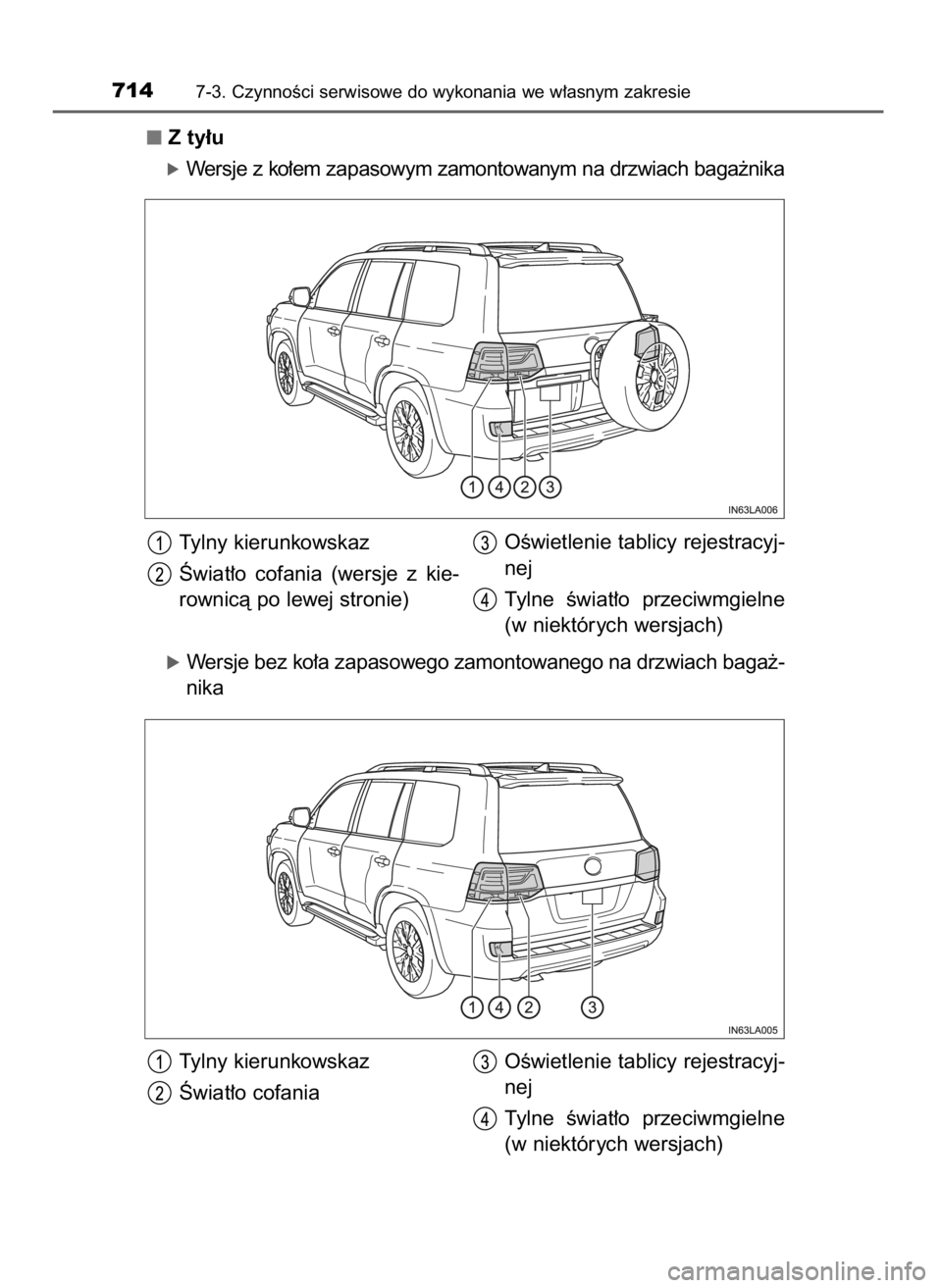 TOYOTA LAND CRUISER 2015  Instrukcja obsługi (in Polish) Z ty∏u
óWersje z ko∏em zapasowym zamontowanym na drzwiach baga˝nika
Tylny kierunkowskaz
Âwiat∏o  cofania  (wersje  z kie-
rownicà po lewej stronie)
óWersje bez ko∏a zapasowego zamontowane