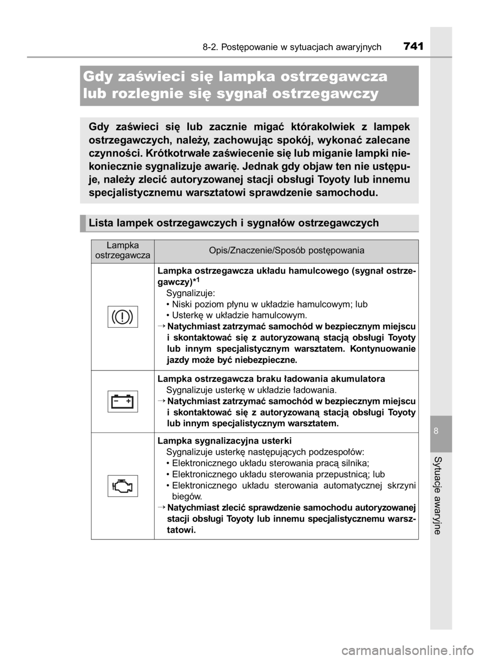 TOYOTA LAND CRUISER 2015  Instrukcja obsługi (in Polish) 8-2. Post´powanie w sytuacjach awaryjnych741
8
Sytuacje awaryjne
Gdy zaÊwieci si´ lampka ostrzegawcza
lub rozlegnie si´ sygna∏ ostrzegawczy
Gdy  zaÊwieci  si´  lub  zacznie  migaç  którakolw