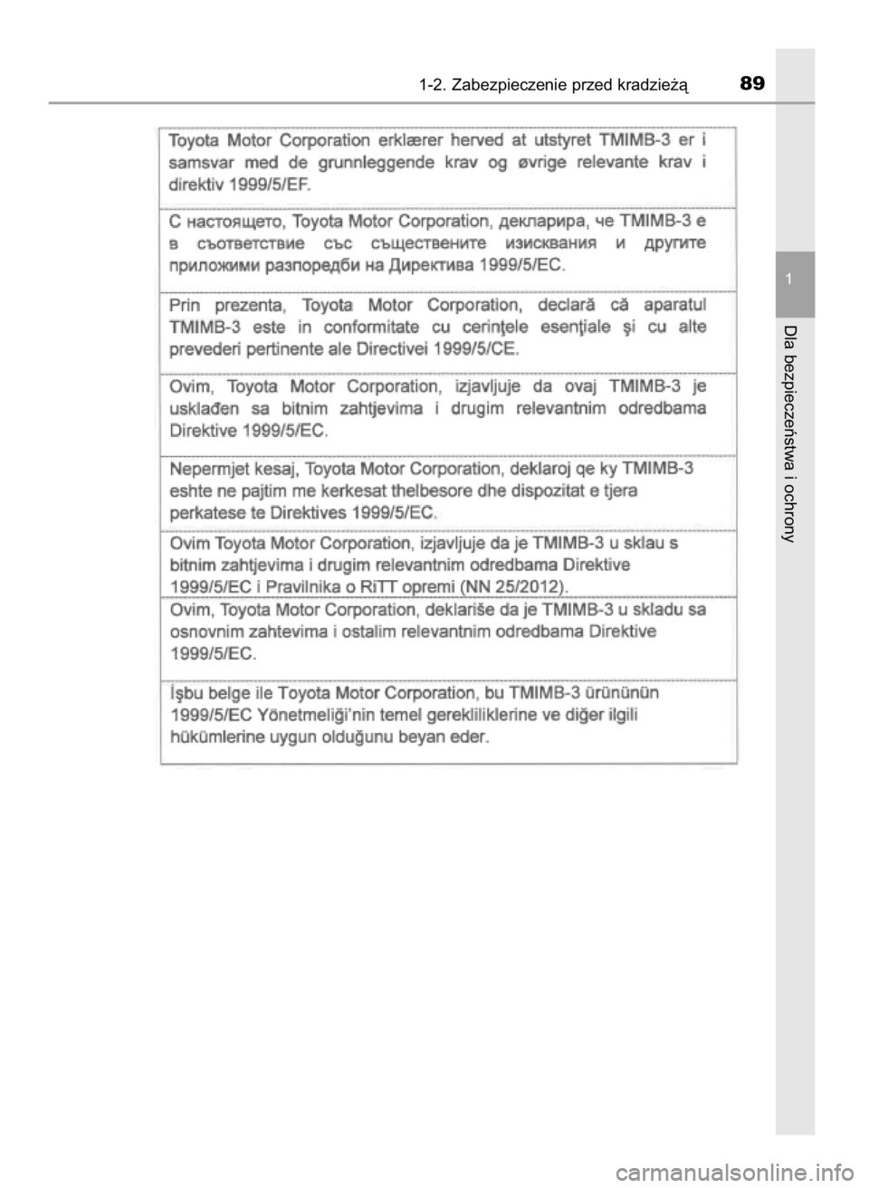 TOYOTA LAND CRUISER 2015  Instrukcja obsługi (in Polish) 1-2. Zabezpieczenie przed kradzie˝à89
1
Dla bezpieczeƒstwa i ochrony
48 LC200 V8 OM60M95E  27/9/16  14:14  Page 89    (Black plate) 