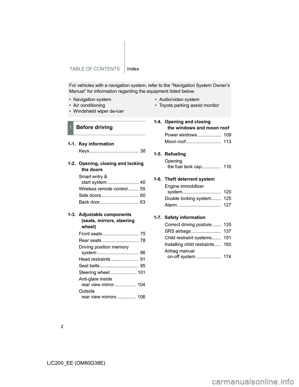 TOYOTA LAND CRUISER 2012 Owners Manual TABLE OF CONTENTSIndex
2
L/C200_EE (OM60G38E)
1-1. Key information
Keys ...................................... 38
1-2. Opening, closing and locking
the doors
Smart entry &
start system .......... TOYOTA LAND CRUISER 2012 Owners Manual TABLE OF CONTENTSIndex
2
L/C200_EE (OM60G38E)
1-1. Key information
Keys ...................................... 38
1-2. Opening, closing and locking
the doors
Smart entry &
start system ..........