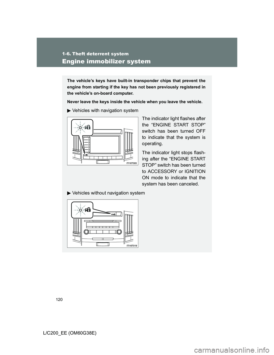 TOYOTA LAND CRUISER 2012  Owners Manual 120
L/C200_EE (OM60G38E)
1-6. Theft deterrent system
Engine immobilizer system
The vehicle’s keys have built-in transponder chips that prevent the
engine from starting if the key has not been previo