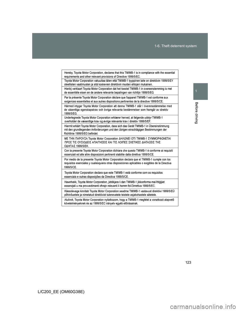 TOYOTA LAND CRUISER 2012  Owners Manual 123 1-6. Theft deterrent system
1
Before driving
L/C200_EE (OM60G38E) 