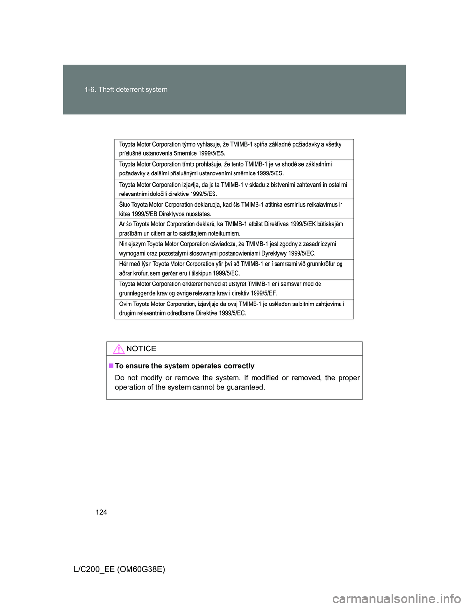TOYOTA LAND CRUISER 2012  Owners Manual 124 1-6. Theft deterrent system
L/C200_EE (OM60G38E)
NOTICE
To ensure the system operates correctly
Do not modify or remove the system. If modified or removed, the proper
operation of the system ca