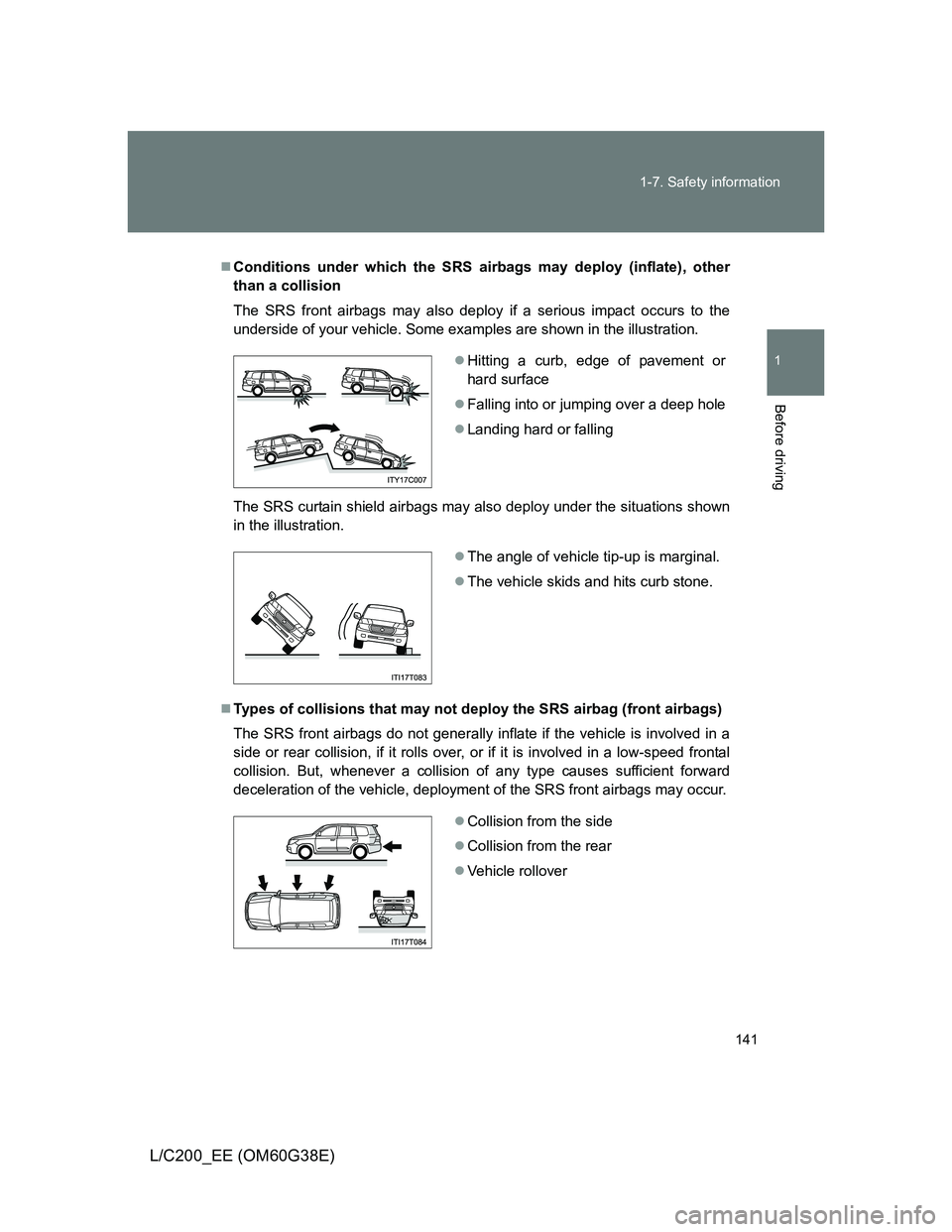 TOYOTA LAND CRUISER 2012  Owners Manual 141 1-7. Safety information
1
Before driving
L/C200_EE (OM60G38E)
Conditions under which the SRS airbags may deploy (inflate), other
than a collision
The SRS front airbags may also deploy if a seri