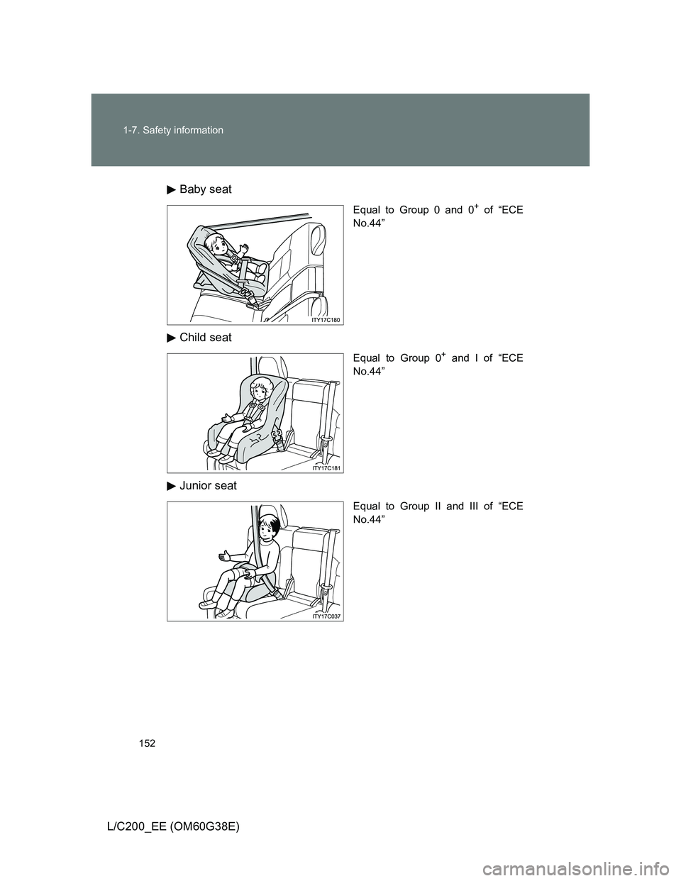TOYOTA LAND CRUISER 2012  Owners Manual 152 1-7. Safety information
L/C200_EE (OM60G38E)Baby seat
Equal to Group 0 and 0+ of “ECE
No.44”
Child seat
Equal to Group 0+ and I of “ECE
No.44”
Junior seat
Equal to Group II and III of “E