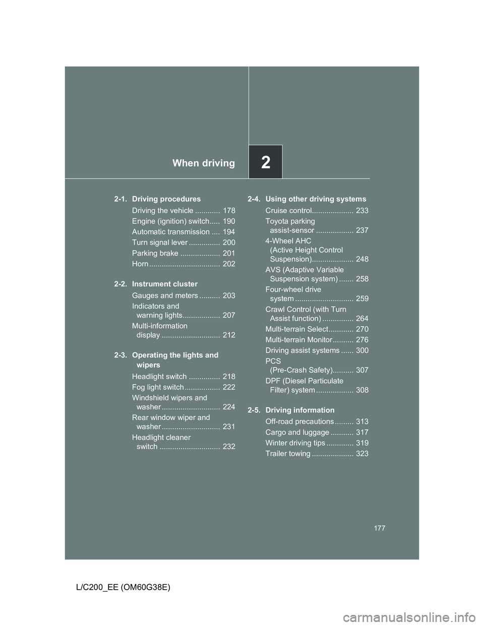 TOYOTA LAND CRUISER 2012  Owners Manual 2When driving
177
L/C200_EE (OM60G38E)
2-1. Driving procedures
Driving the vehicle ............  178
Engine (ignition) switch.....  190
Automatic transmission ....  194
Turn signal lever .............