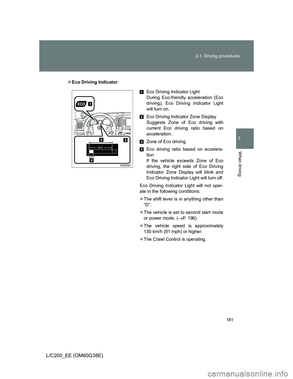 TOYOTA LAND CRUISER 2012  Owners Manual 181 2-1. Driving procedures
2
When driving
L/C200_EE (OM60G38E)
Eco Driving Indicator
Eco Driving Indicator Light
During Eco-friendly acceleration (Eco
driving), Eco Driving Indicator Light
will tu