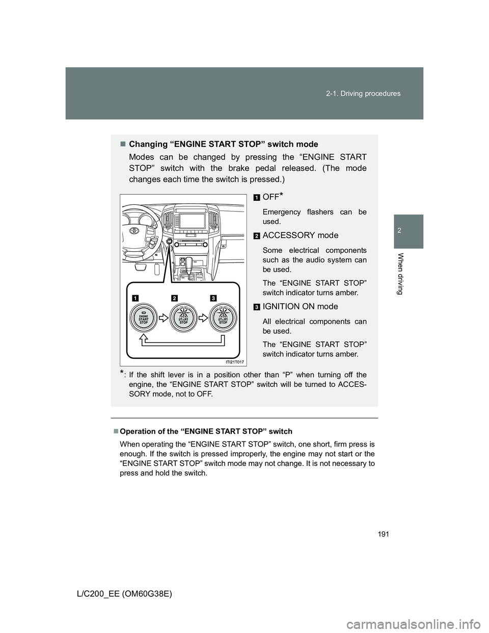 TOYOTA LAND CRUISER 2012  Owners Manual 191 2-1. Driving procedures
2
When driving
L/C200_EE (OM60G38E)
Operation of the “ENGINE START STOP” switch
When operating the “ENGINE START STOP” switch, one short, firm press is
enough. I