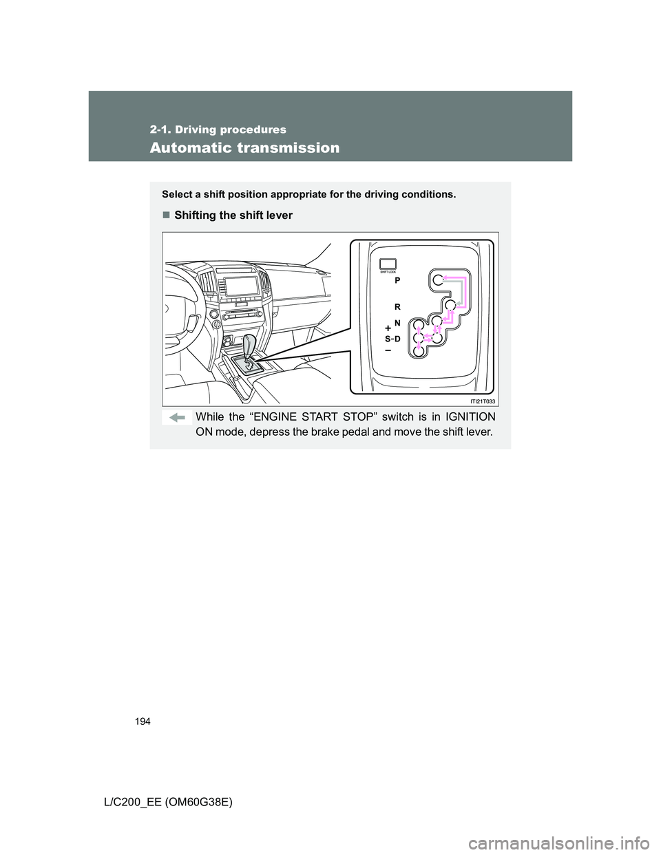 TOYOTA LAND CRUISER 2012  Owners Manual 194
2-1. Driving procedures
L/C200_EE (OM60G38E)
Automatic transmission
Select a shift position appropriate for the driving conditions.
Shifting the shift lever
While the “ENGINE START STOP” sw