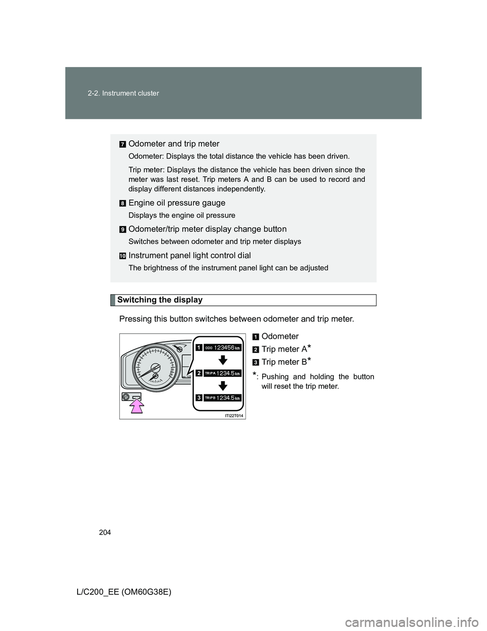 TOYOTA LAND CRUISER 2012  Owners Manual 204 2-2. Instrument cluster
L/C200_EE (OM60G38E)
Switching the display
Pressing this button switches between odometer and trip meter.
Odometer
Trip meter A
*
Trip meter B*
*
: Pushing and holding the 