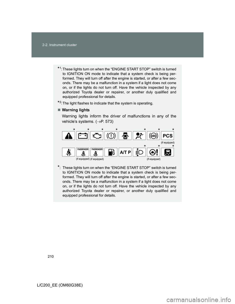 TOYOTA LAND CRUISER 2012  Owners Manual 210 2-2. Instrument cluster
L/C200_EE (OM60G38E)
*1: These lights turn on when the “ENGINE START STOP” switch is turned
to IGNITION ON mode to indicate that a system check is being per-
formed. Th
