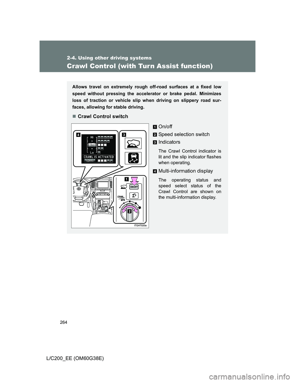 TOYOTA LAND CRUISER 2012  Owners Manual 264
2-4. Using other driving systems
L/C200_EE (OM60G38E)
Crawl Control (with Tur n Assist function)
Allows travel on extremely rough off-road surfaces at a fixed low
speed without pressing the accele