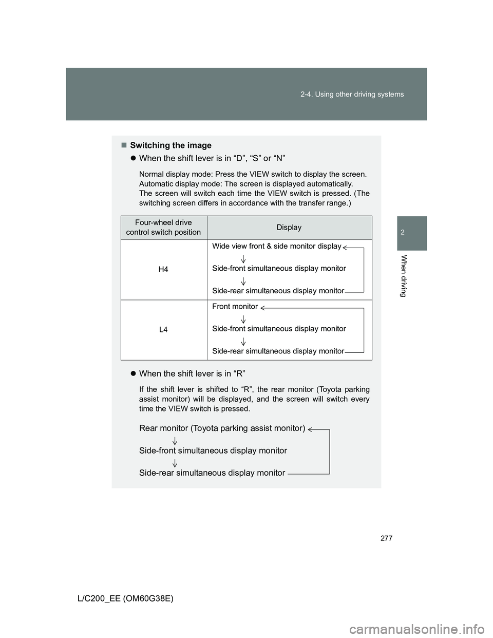 TOYOTA LAND CRUISER 2012  Owners Manual 277 2-4. Using other driving systems
2
When driving
L/C200_EE (OM60G38E)
Switching the image
When the shift lever is in “D”, “S” or “N”
Normal display mode: Press the VIEW switch to 