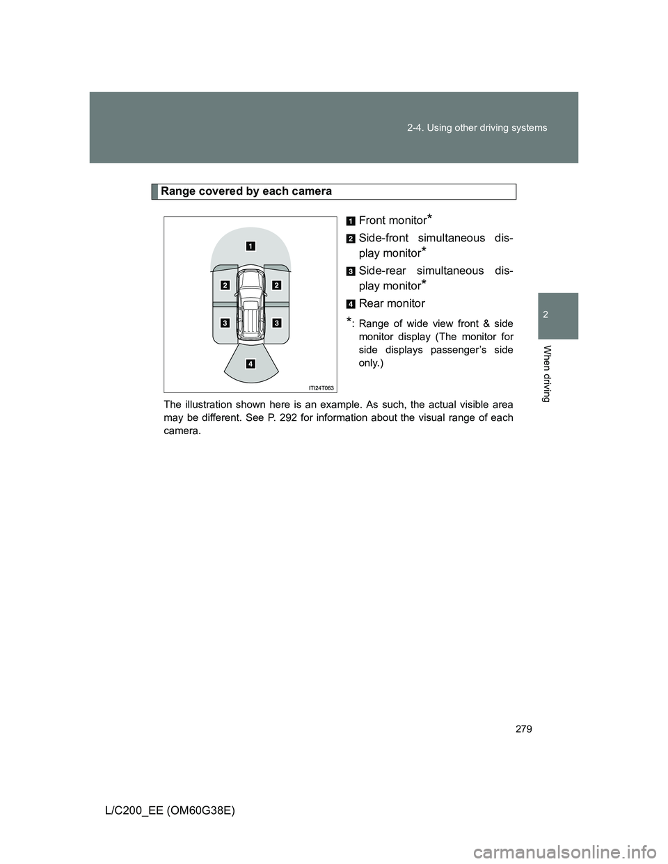 TOYOTA LAND CRUISER 2012  Owners Manual 279 2-4. Using other driving systems
2
When driving
L/C200_EE (OM60G38E)
Range covered by each camera
Front monitor
*
Side-front simultaneous dis-
play monitor
*
Side-rear simultaneous dis-
play monit