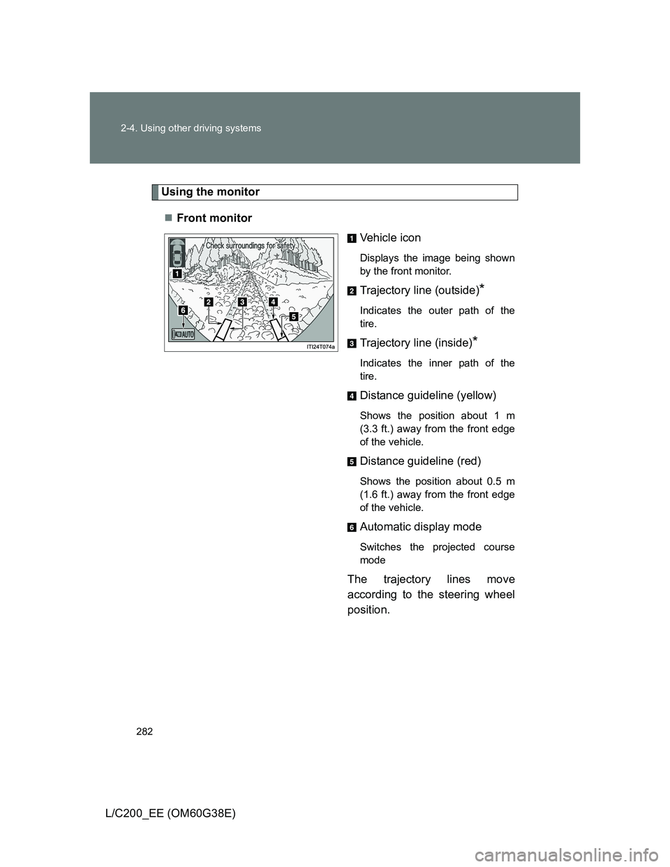 TOYOTA LAND CRUISER 2012  Owners Manual 282 2-4. Using other driving systems
L/C200_EE (OM60G38E)
Using the monitor
Front monitor
Vehicle icon
Displays the image being shown
by the front monitor.
Trajectory line (outside)*
Indicates the 