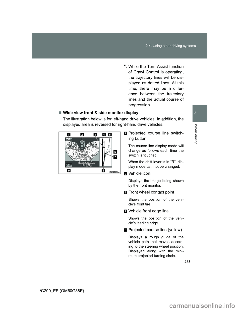 TOYOTA LAND CRUISER 2012 Owners Manual 283 2-4. Using other driving systems
2
When driving
L/C200_EE (OM60G38E)
*: While the Turn Assist function
of Crawl Control is operating,
the trajectory lines will be dis-
played as dotted lines. At t TOYOTA LAND CRUISER 2012 Owners Manual 283 2-4. Using other driving systems
2
When driving
L/C200_EE (OM60G38E)
*: While the Turn Assist function
of Crawl Control is operating,
the trajectory lines will be dis-
played as dotted lines. At t