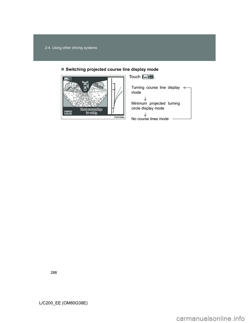 TOYOTA LAND CRUISER 2012  Owners Manual 288 2-4. Using other driving systems
L/C200_EE (OM60G38E)Switching projected course line display mode
To u c h  .
Turning course line display
mode
Minimum projected turning
circle display mode
No c