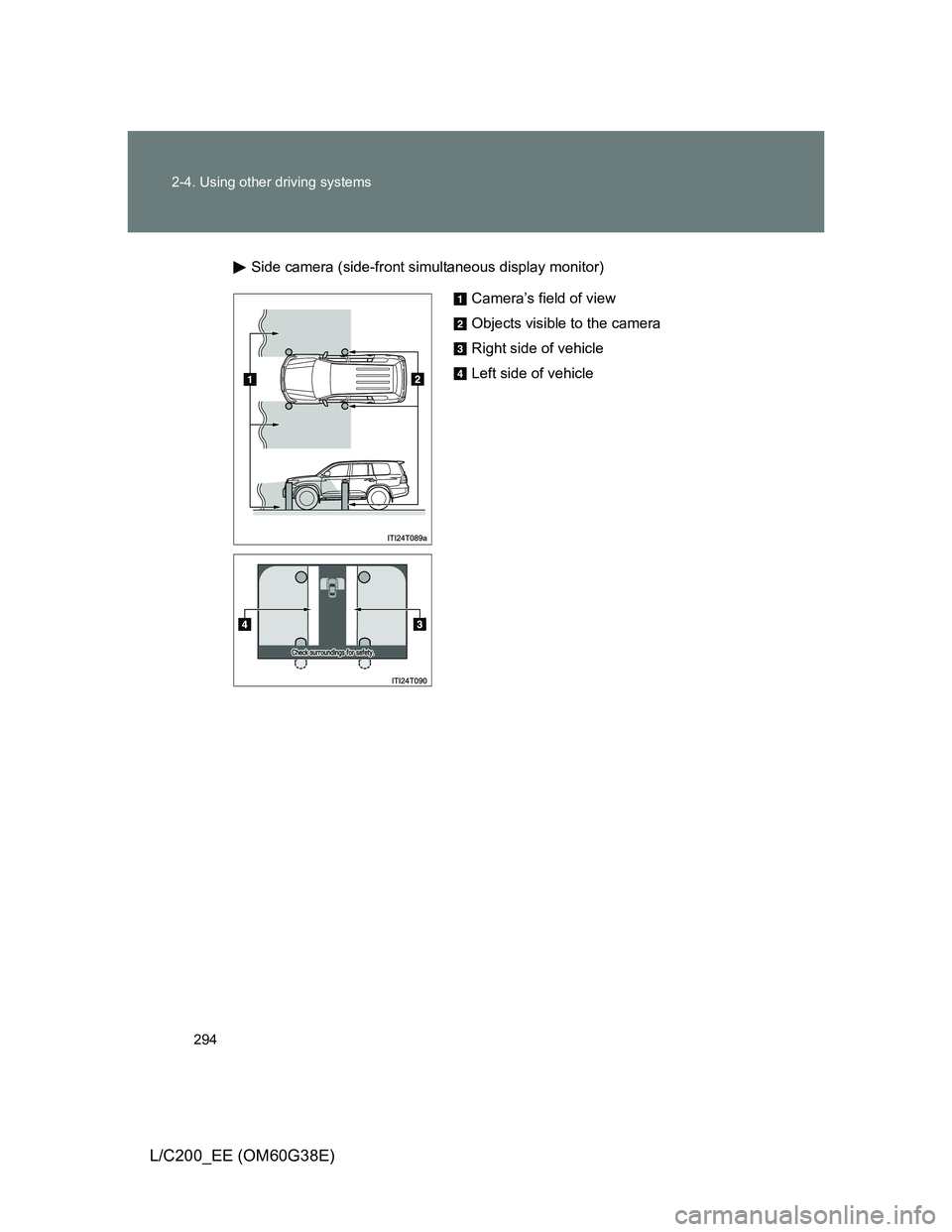 TOYOTA LAND CRUISER 2012 Owners Manual 294 2-4. Using other driving systems
L/C200_EE (OM60G38E)
Side camera (side-front simultaneous display monitor)
Camera’s field of view
Objects visible to the camera
Right side of vehicle
Left side o TOYOTA LAND CRUISER 2012 Owners Manual 294 2-4. Using other driving systems
L/C200_EE (OM60G38E)
Side camera (side-front simultaneous display monitor)
Camera’s field of view
Objects visible to the camera
Right side of vehicle
Left side o