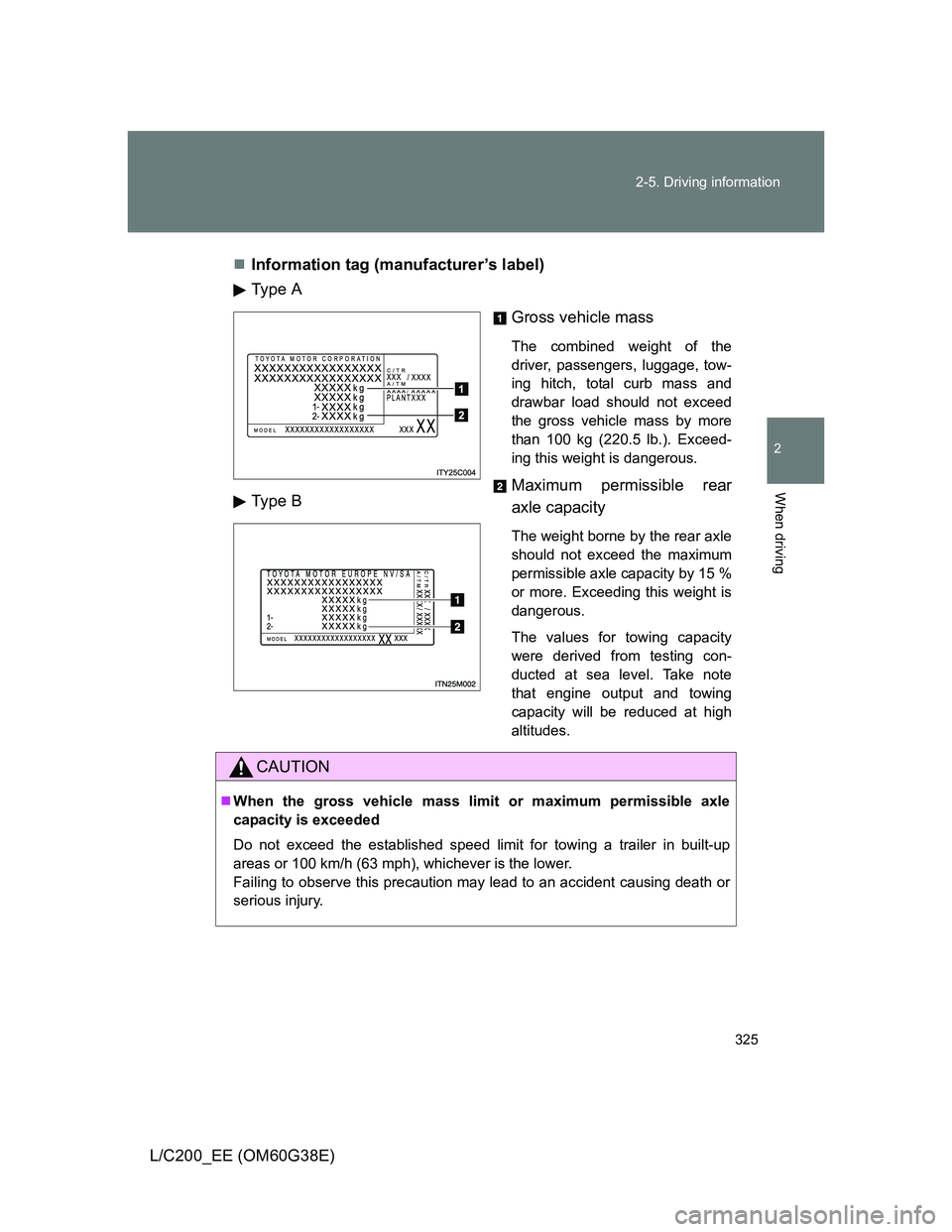 TOYOTA LAND CRUISER 2012  Owners Manual 325 2-5. Driving information
2
When driving
L/C200_EE (OM60G38E)Information tag (manufacturer’s label)
Type  A
Gross vehicle mass
The combined weight of the
driver, passengers, luggage, tow-
ing 
