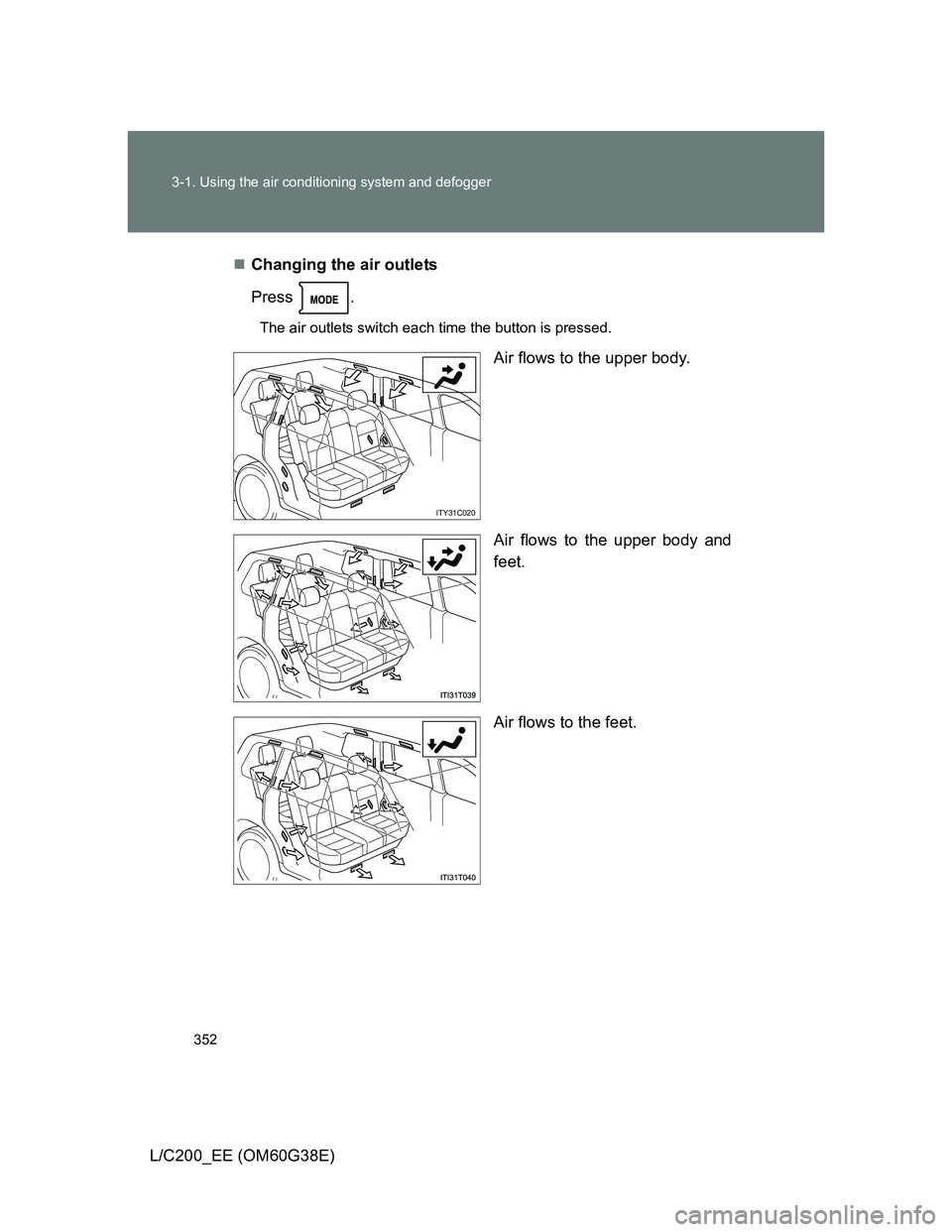 TOYOTA LAND CRUISER 2012  Owners Manual 352 3-1. Using the air conditioning system and defogger
L/C200_EE (OM60G38E)Changing the air outlets
Press .
The air outlets switch each time the button is pressed.
Air flows to the upper body.
Air