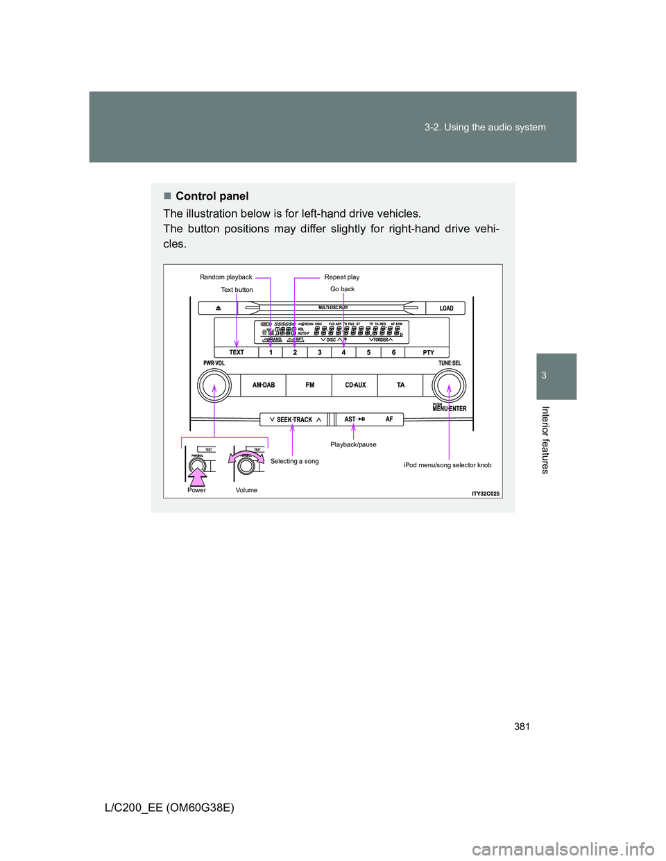 TOYOTA LAND CRUISER 2012  Owners Manual 381 3-2. Using the audio system
3
Interior features
L/C200_EE (OM60G38E)
Control panel
The illustration below is for left-hand drive vehicles. 
The button positions may differ slightly for right-ha