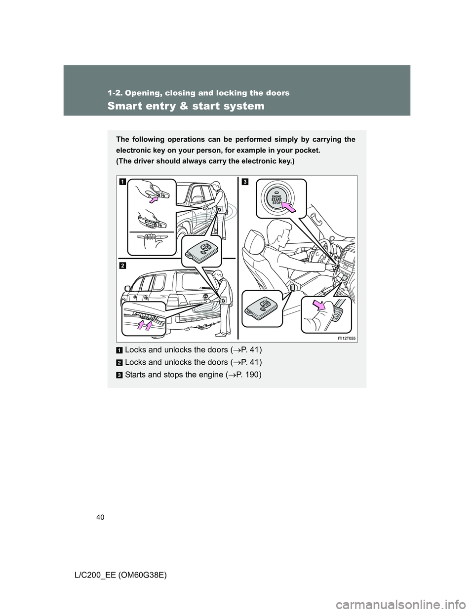 TOYOTA LAND CRUISER 2012 Owners Guide 40
L/C200_EE (OM60G38E)
1-2. Opening, closing and locking the doors
Smart entr y & start system
The following operations can be performed simply by carrying the
electronic key on your person, for exam