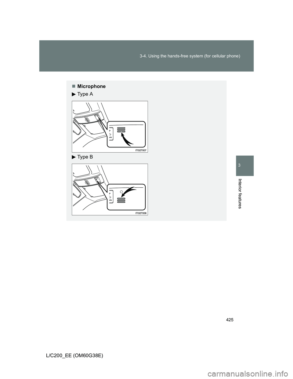 TOYOTA LAND CRUISER 2012  Owners Manual 425 3-4. Using the hands-free system (for cellular phone)
3
Interior features
L/C200_EE (OM60G38E)
Microphone
Ty p e  A
Ty p e  B 