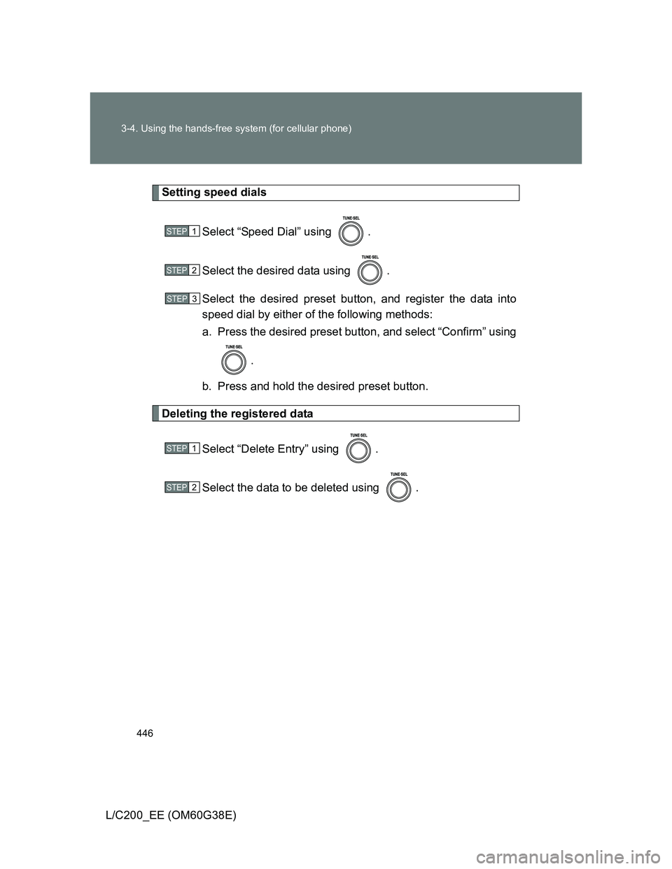 TOYOTA LAND CRUISER 2012  Owners Manual 446 3-4. Using the hands-free system (for cellular phone)
L/C200_EE (OM60G38E)
Setting speed dials
Select “Speed Dial” using  .
Select the desired data using  .
Select the desired preset button, a