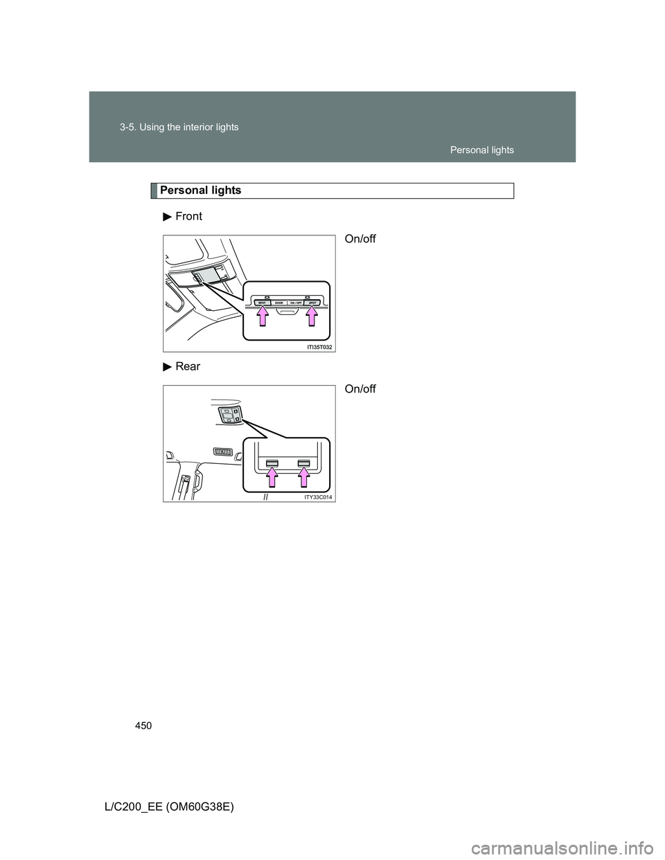 TOYOTA LAND CRUISER 2012  Owners Manual 450 3-5. Using the interior lights
L/C200_EE (OM60G38E)
Personal lights
Front
On/off
Rear
On/off
ITY33C014
Personal lights 